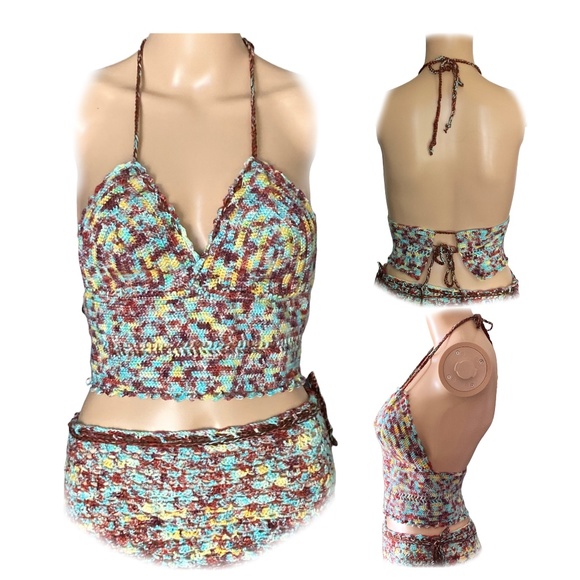 Hand Crafted Tops - OOAK Tie Dye Crochet Crop Top Handmade Adjustable One Size fits S-L